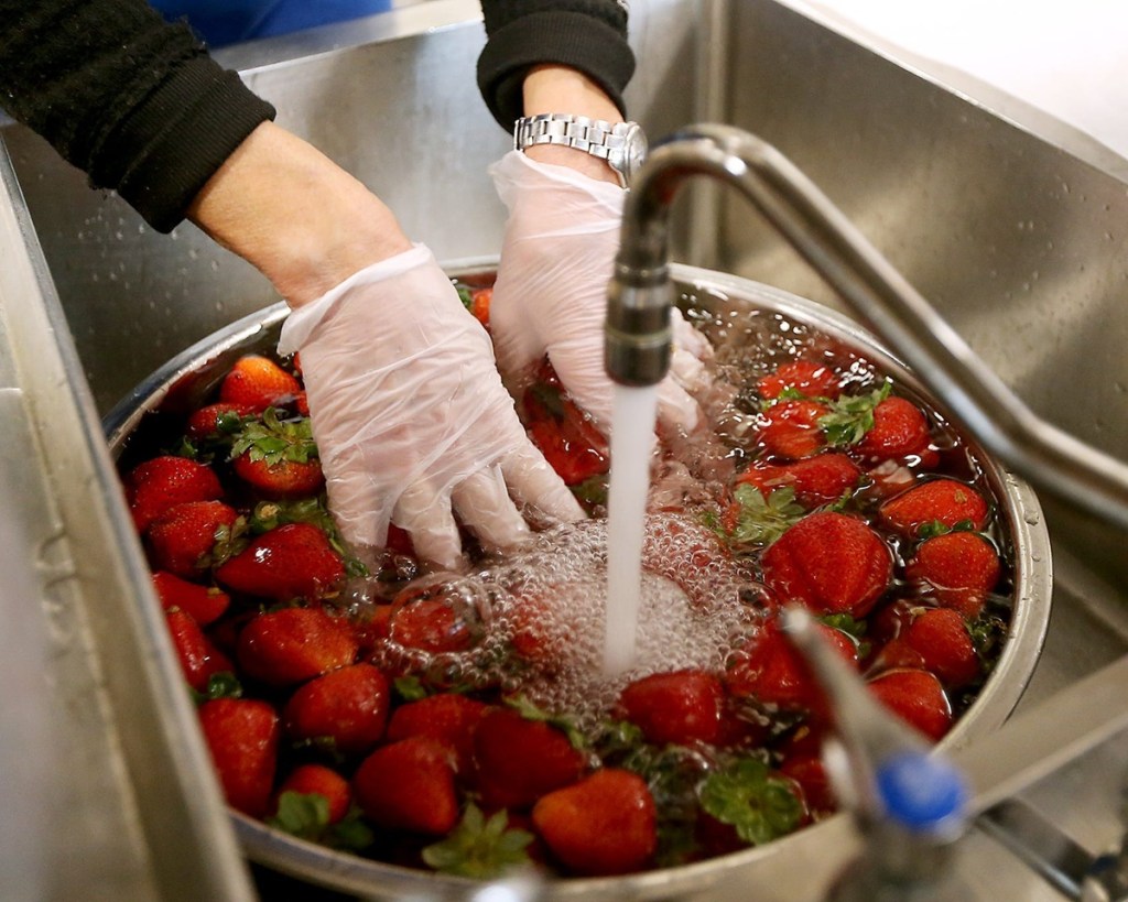 cyclosporiasis in Colorado in Colorado; Jeannie Fein washes strawberries while preparing the fresh fruit for the lunch period during a tour of East Middle School's cafeteria in Braintree on Oct. 27, 2022.