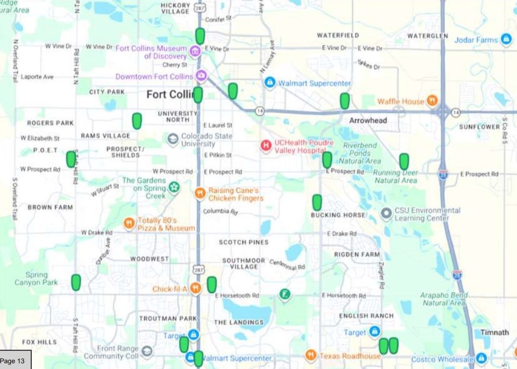 A map shows the locations of 15 Flock cameras in Fort Collins