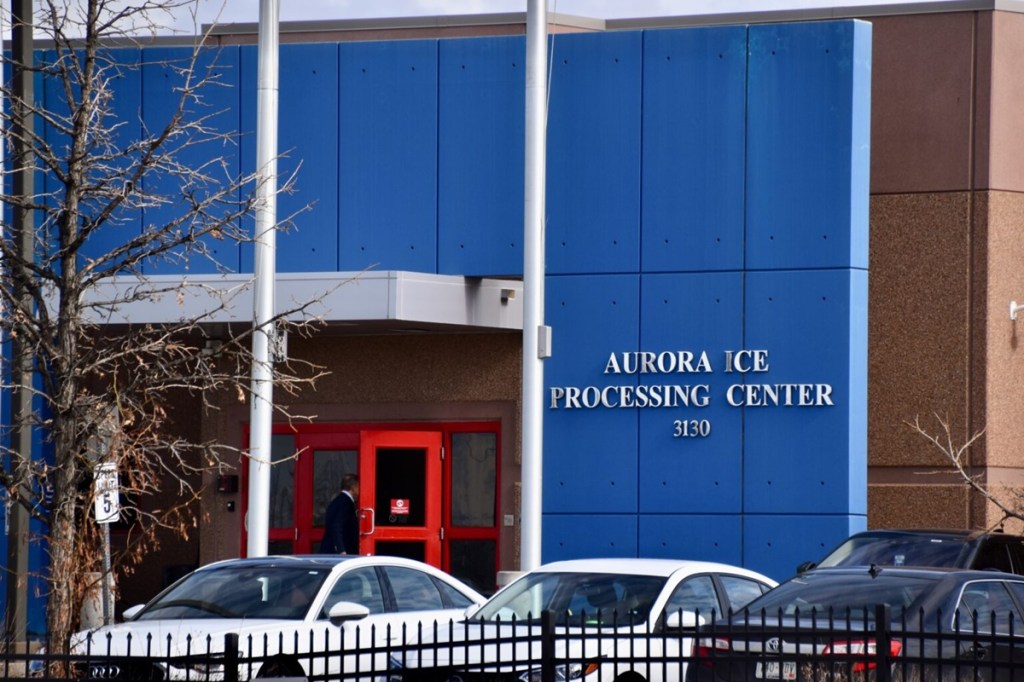 The entrance to a GEO Group facility, the Aurora ICE Processing Center